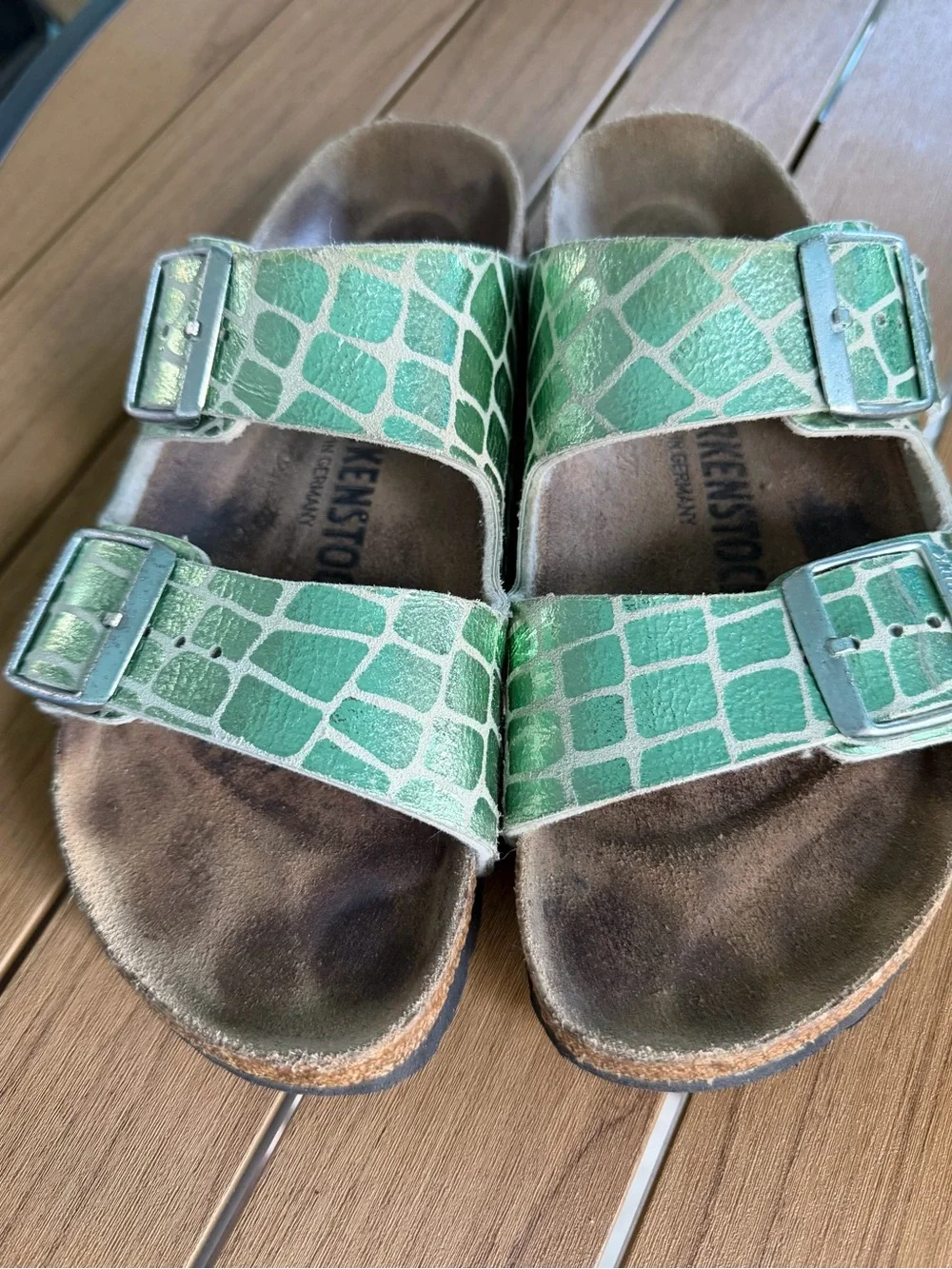 Birkenstock Arizona in  Iridescent Matcha Sandals